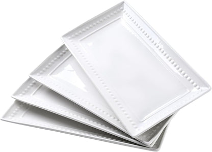 14 inch Ceramic Serving Platter - Rectangular Serving Trays Set of 4, Large Embossed Plates, Porcelain White Platters for Steak, Appetizer, Dessert, Tacos, Housewarming, Oven Dishwasher Safe