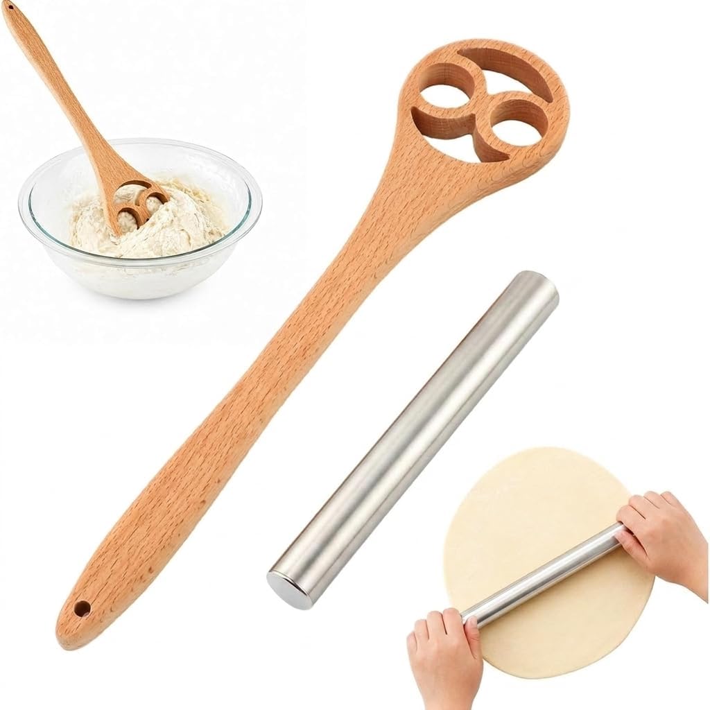 13 Inch Danish Dough Whisk, Wooden Dough Mixer for Sourdough Bread, Batter & Pizza Dough, Kitchen Hand Mixing Tool, Includes Stainless Steel Rolling Pin (Heart Style)