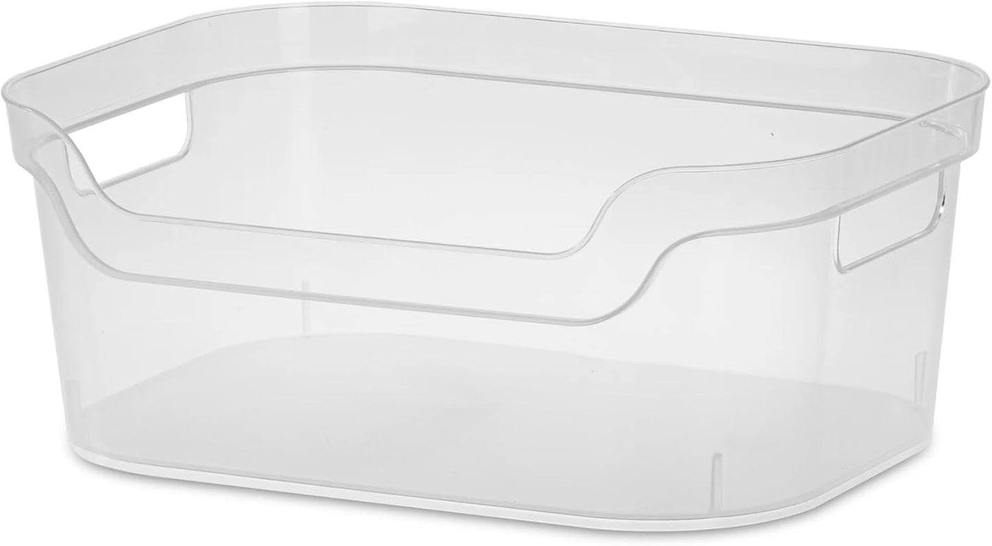 (2 pack) Medium Open Bin, Clear Plastic, Easy Access Bin with Scoop Front, Clear