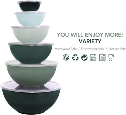 BoxedHome BPA Free Plastic Round Mixing Bowl with Lids, 12 Pack Nesting Bowls with Lids Set, Microwave and Dishwasher Safe Prep & Serving Bowls Great for Mixing, Baking, Serving (pinkish green, 12pcs)