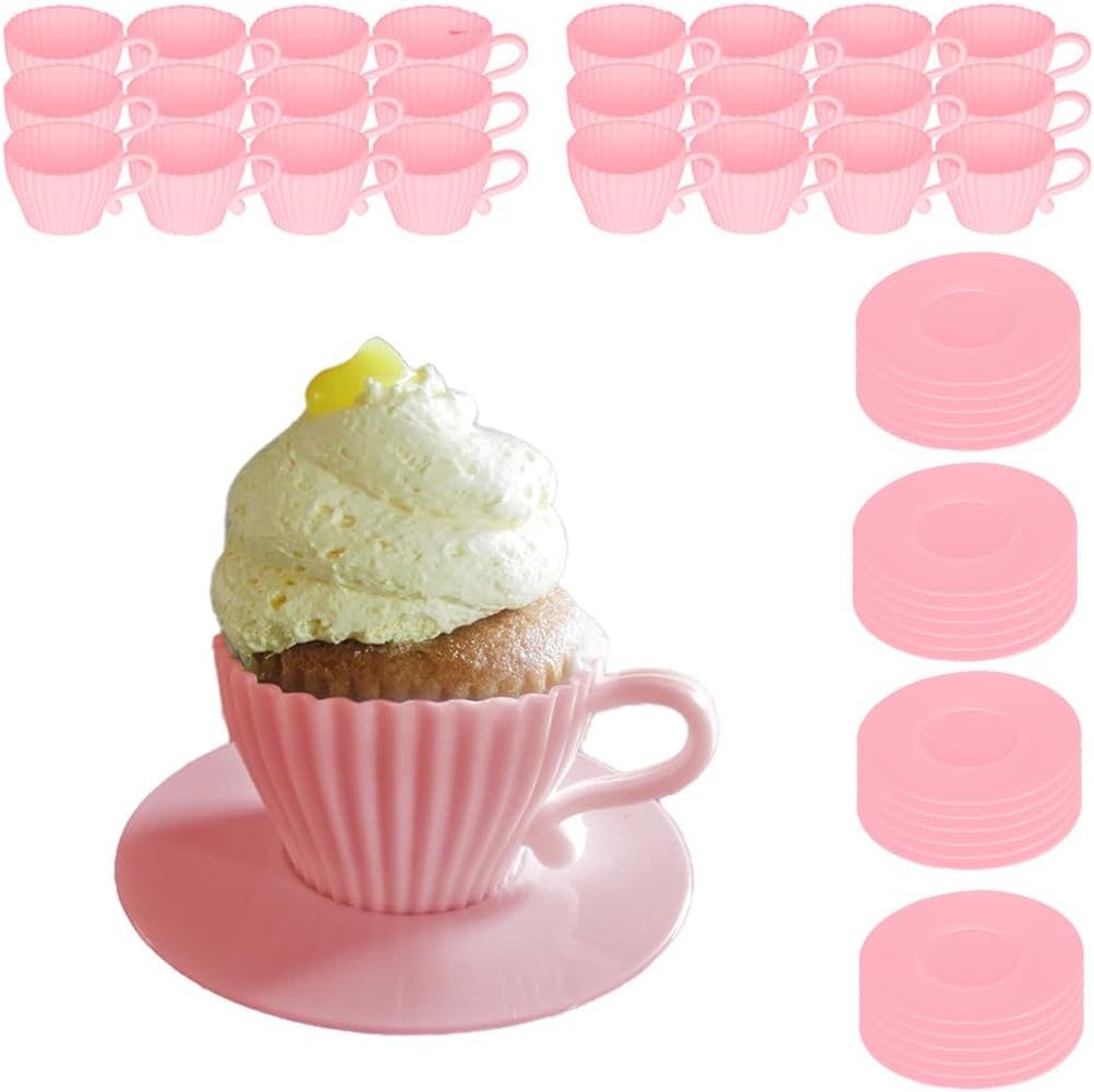 Evelots Baking Cupcake Molds - Silicone Teacup Set - 24 Pc Set - Oven-Safe - Nonstick - Muffin Cups for Bridal/Baby Shower, Birthday/Tea Party - 12 Cups & 12 Saucers - BPA Free