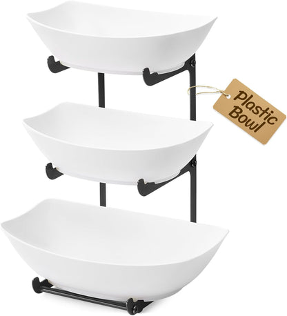 Lifewit Plastic Fruit Bowl for Kitchen Counter, 3 Tier Fruit Basket with Gold Metal Stand, Tiered Fruit Holder for Countertop Serving Tray for Vegetable/Dessert in Party 28 x 21 x 35cm/11 x 8.4 x 14