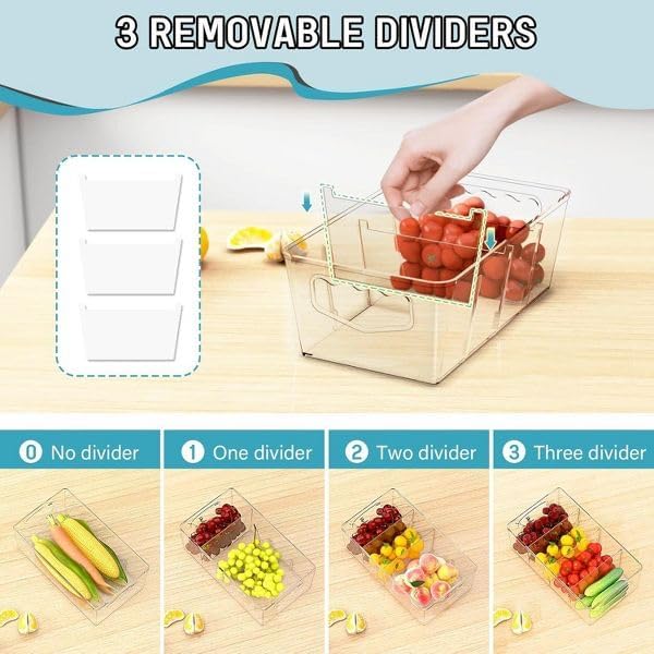 Clear Pantry Organizer Bins with Removable Dividers - Stackable Kitchen and Fridge Storage Containers, 10.45” D x 5.95” W x 3.55” H, 8-Pack