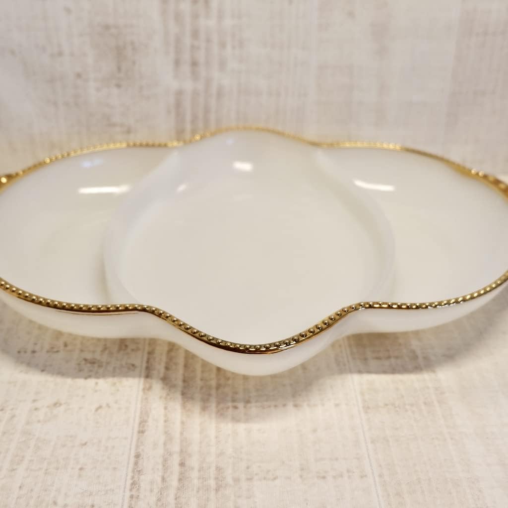Fire King Anchor Hocking Milk Glass Relish Tray Divided Dish with Gilded Trim