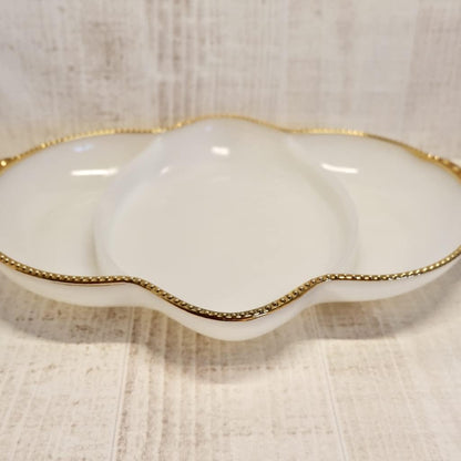 Fire King Anchor Hocking Milk Glass Relish Tray Divided Dish with Gilded Trim
