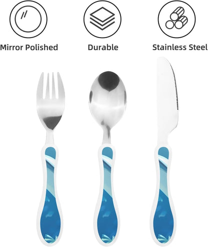3-Piece Kids Silverware Set With Storage Case, Stainless Steel Reusable Children Safe Knife Spoon Fork Set Dolphin Children Flatware Set For Kids Lunch Box