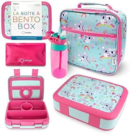 Bento Lunch Box with Bag, Water Bottle & Ice Pack Set for Kids Toddlers, 4 Portion Sections, Removable Tray, Pre-School Boy Toddler Daycare Lunches, Insulated Snack Container, Blue Space Dinosaur
