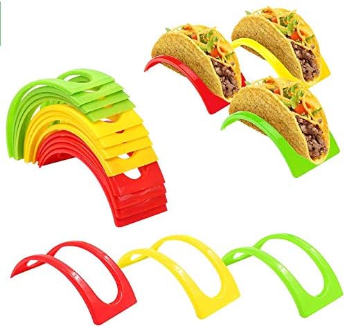 ForTomorrow Single Taco Holder Stand Set of 18 Individual Plastic Taco Rack Hard or Soft Shell Holder Small for Party, Tuesday (Red, Yellow, Green)