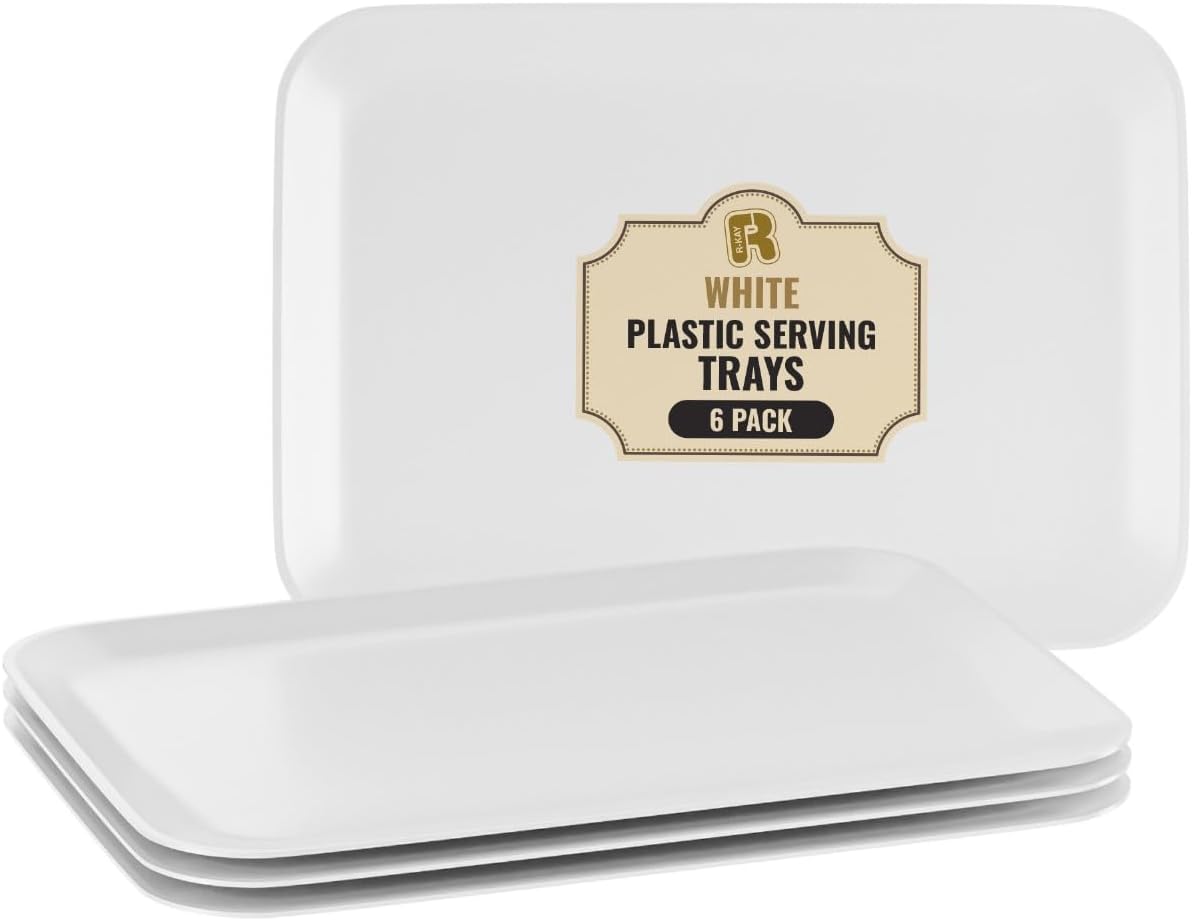 6 Pack Plastic Serving Trays for Party - 8 x 11 Disposable Serving Tray - Heavy Duty Gold Dessert Trays (Clear)