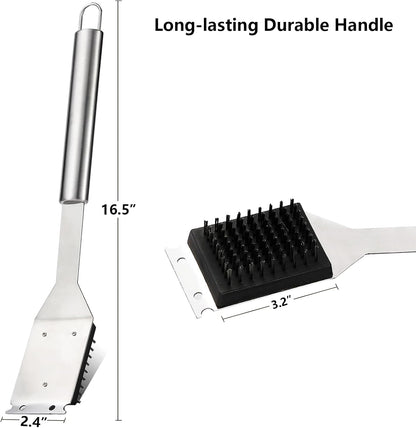 16.5” Grill Brush and Scraper with 2 Brush Replacements & 1 Screwdriver, Wire BBQ Grill Brush for Outdoor Grill, 304 Stainless Steel Cleaning Brush BBQ Grill Accessories