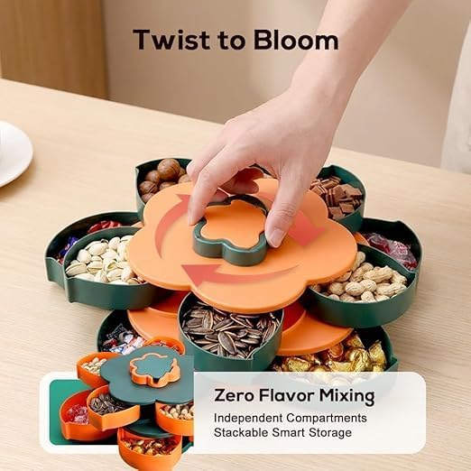10-Grid Petal Rotating Snack Tray with Lid, Portable Divided Snackle Box Container for Party, Picnic and Camping, 360° Smooth Spinning Fruit Platter for Nuts, Fruits and Candy (C)
