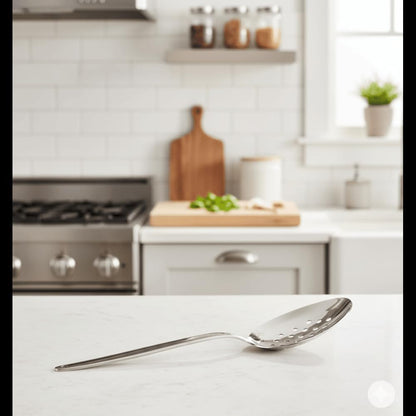 Chef Kunz Slotted Spoon | 9 Inch 18/10 Stainless Steel Silver Chef Cooking Spoons | Basting, Quenelle, Plating Spoon for Draining and Serving, Dishwasher Safe (Slotted)