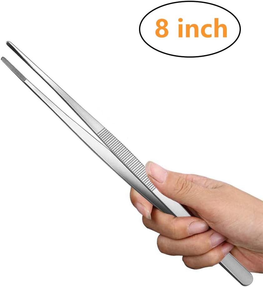 Kitchen Tweezers Stainless Steel 8 Inch Long Tweezers Tongs, Heavy Duty large food tweezers with Precision Serrated Tips for Cooking(8" Straight+Curved)