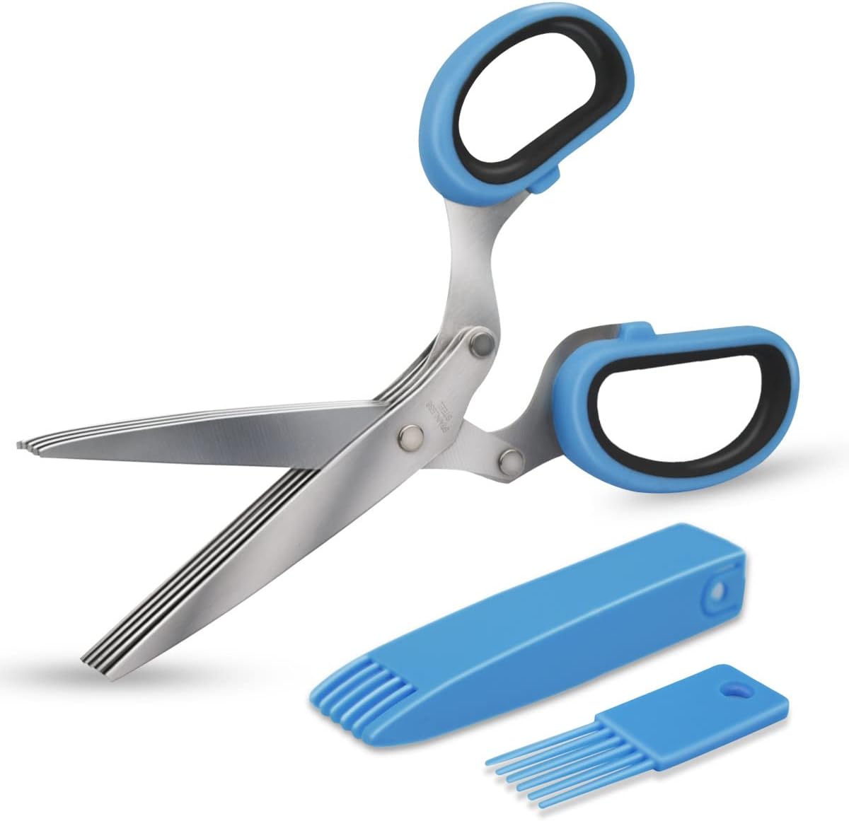 5-Blade Herb Cutter Scissors with Safety Cover, Cleaning Comb - Green
