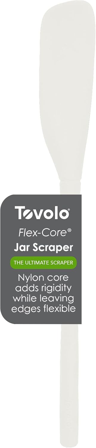 Tovolo Silicone Jar Spatula Long Handled Rubber Scraping Scooping Tool for Peanut Butter Jam Jelly Jars Blenders, Extra Long Flex Core Silicone Jar Scraper Dishwasher Safe BPA Free, White