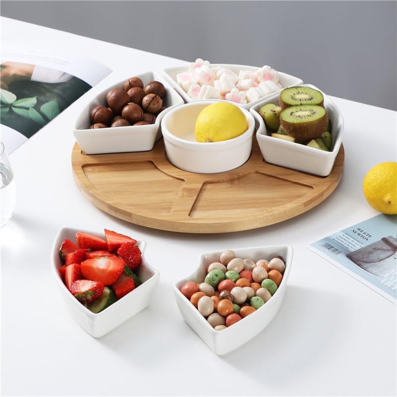 ele ELEOPTION 360° Rotatable Chip and Dip Serving Set, Trays, Appetizer Serving Tray, Divided Serving Tray, Platters, Relish Tray 5 bowls with lids