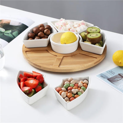 ele ELEOPTION 360° Rotatable Chip and Dip Serving Set, Trays, Appetizer Serving Tray, Divided Serving Tray, Platters, Relish Tray 5 bowls with lids