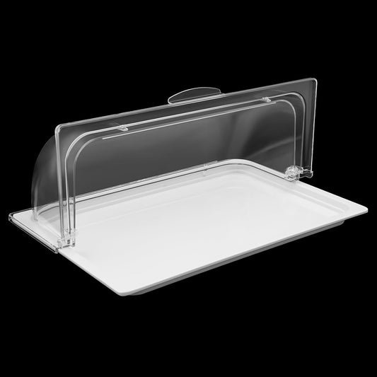 DYNAMI Food Serving Display Tray with Clear Roll Top Cover,Food Grade PC Tray White Food Serving Tray Dessert Display Tray forRestaurant Hotel Kitchen Party Buffet Serving Food,16.5 * 11in