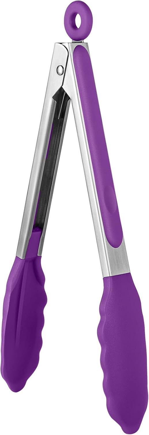 600ºF Heat Resistant Kitchen Tongs: U-Taste 9 inch Silicone Cooking Tong with Firm Sealed Non Stick Rubber Tips & Silicon Coated 18/8 Stainless Steel Handle & Smooth Locking for Serving Salad (Black)