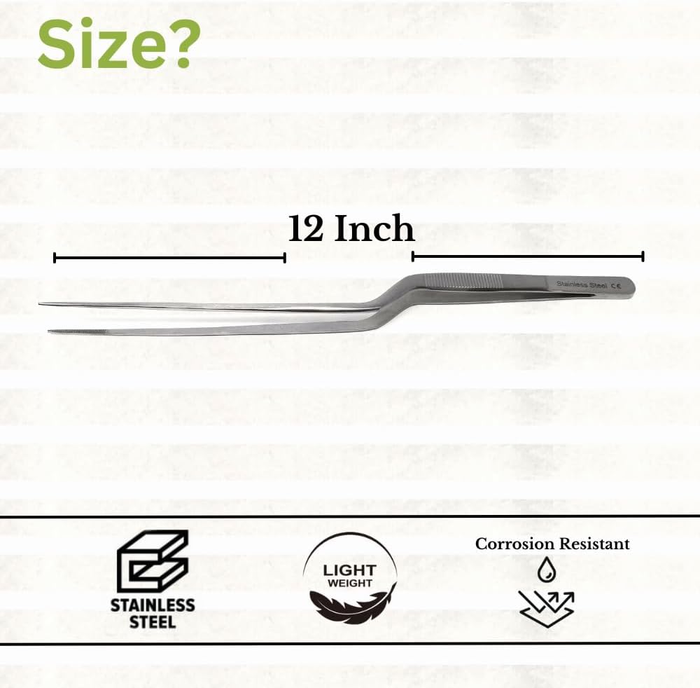 Stainless Steel Offset Chef Kitchen Tweezers for Preparing, Sea Food, BBQ, Decorating Plates & Cakes, Pastries, Kernels of Corn, Pine Nuts Garnishing, Placing & Picking Objects (8 Inch)