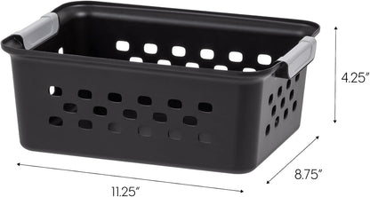 IRIS USA Plastic Storage Baskets, 6-Pack, Made in USA, Shelf Baskets Small Baskets Organizing Bins for Pantry Countertops Closet Shelves Laundry Room Office, Multi-Purpose, Nestable, Easy Carry, Black