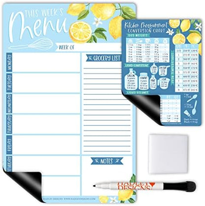 Hadley Designs Lemon Magnetic Weekly Meal Planner Dry Erase Board for Refrigerator - Weekly Dinner Menu Board for Kitchen Conversion Chart Magnet, Grocery List