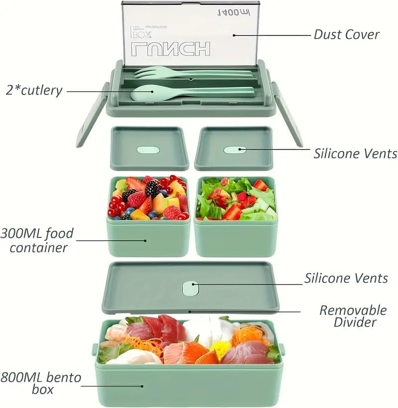 1400ml Lunch Box with 3 Compartments - 2 Layer Leak Proof Bento Box with Insulated Bag and Cutlery, Meal Prep Container Box for Adults Kids Students Office Microwave Dishwasher Safe Available (Green)