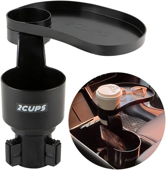 2CUPS Car Cup Holder Expander and Attachable Tray, Fits Yeti/Hydroflasks/Nalgene 16-40 oz. Dual Cup Holder with Adjustable Swivel Tray. Organizer Table for car, Truck, Automotive
