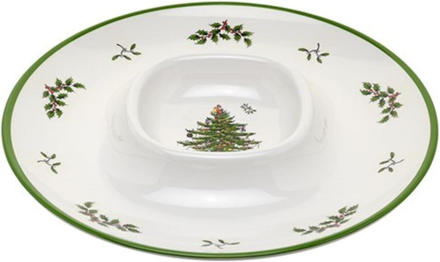 Spode Christmas Tree Melamine Chip and Dip | 14 Inch Serving Platter for Cheese, Appetizers, Chips, Salsa and more, Made of Melamine perfect for Hosting Indoors and Outdoors | Dishwasher safe
