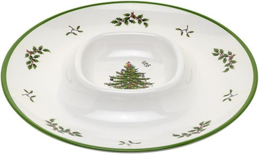 Spode Christmas Tree Melamine Chip and Dip | 14 Inch Serving Platter for Cheese, Appetizers, Chips, Salsa and more, Made of Melamine perfect for Hosting Indoors and Outdoors | Dishwasher safe