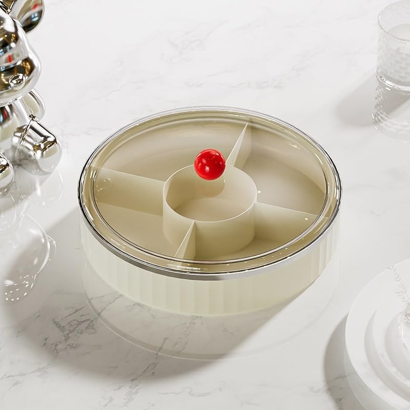Rotating Snack Organizer with Lid,Accessible Luxury and High-End Snacks, Melon Seeds, Candies, Dried Fruits and Nuts Plate, Living Room Coffee Table, High-Looking Fruit Plate (Cream)