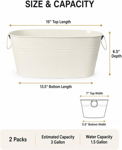 2 Pack 3 Gallon Galvanized Tub Ice Bucket, 15x7x6.5" Metal Drink Buckets for Parties, Leak-Proof Beer Beverage Tubs with Handles for Champagne Wine Mimosa Bar Supplies (White)