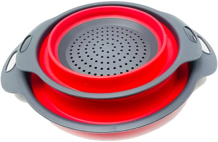 NIWWIN Pack of 2 Foldable Pasta Strainers, Foldable Kitchen Colander for Draining Fruit, Kitchen Silicone Adjustable Filter Vegetables Fruit Baskets,Portable Sink Washing Up Bowl (Red)