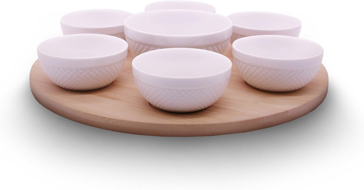 Rotating Bamboo Serving Tray with 6 Small Ceramic Condiment Bowls and 1 Larger Center Bowl - Lazy Susan Style Elegant Serving Set for Dips, Snacks, Appetizers, and More