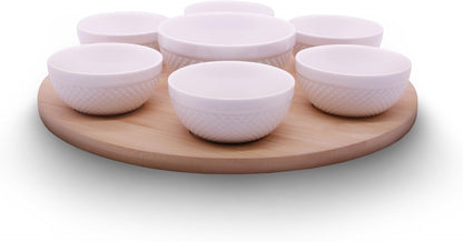 Rotating Bamboo Serving Tray with 6 Small Ceramic Condiment Bowls and 1 Larger Center Bowl - Lazy Susan Style Elegant Serving Set for Dips, Snacks, Appetizers, and More