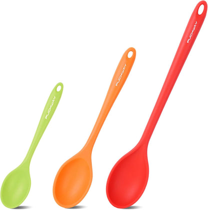 3 Pcs Silicone Spoons Set of 7.9 10.6 14.2 inch for Cooking, Heat Resistant Kitchen Spoons for Mixing, Stirring, and Serving, Small to Large Non Stick (Green)