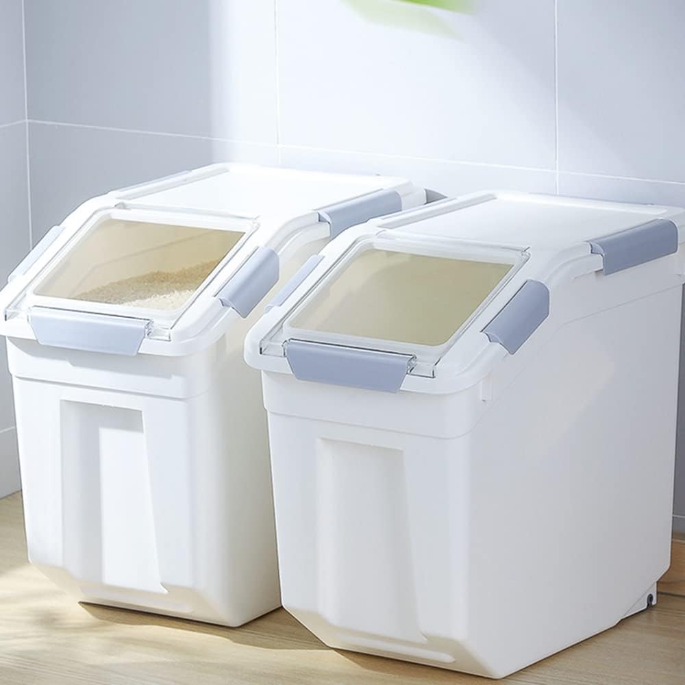 Airtight Flour Storage Container 25 lb Rice Storage Container with Wheels Seal Locking Lid, Food Containers with Measuring Cup& Scoop for Flour, Rice, Grain(Cyan)