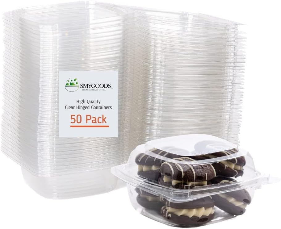 Smygoods Plastic Clamshell Food Containers, (Pack of 50-8x8x3 3/8) 3-Compartment, to go Containers, Hinged Food Container