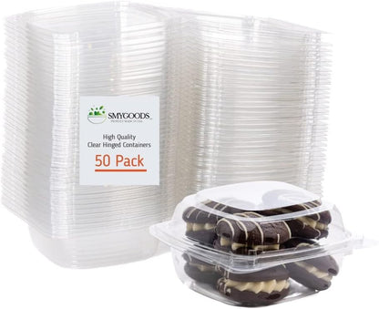 Smygoods Plastic Clamshell Food Containers, (Pack of 50-8x8x3 3/8) 3-Compartment, to go Containers, Hinged Food Container