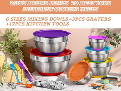 Thickened Heavy-Duty 26pcs Stainless Steel Bowl, Mixing Bowl Set with Lid, Grater Attachment, Non-Slip Bottom and Kitchen Gadget Set, Sizes 7, 4, 2.5, 2.0, 1.5, 1QT, Ideal for Mixing and Serving