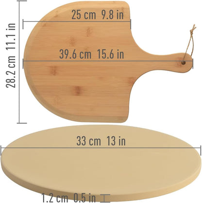 homEdge Pizza Stone Set, Heavy Duty Round Cordierite Baking Stone for Bread, Pizza, Thermal Shock Resistant Cooking Stone with Bamboo Pizza Peel Paddle for Oven and Grill-12 Inches (Diameter)