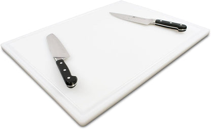 Thirteen Chefs 18x12 White Cutting Board with Groove, 1/2" Thick Plastic