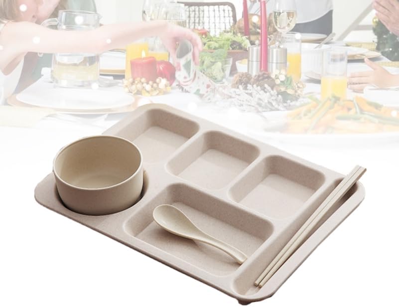 Cabilock Meal Prep Container Wheat Straw Divided Plates Divided Dinner Tray Beige Sections Dinner Plates with Bowl Spoon Chopsticks Cutlery Tableware for Adults Portion Control Plates