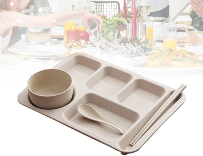 Cabilock Meal Prep Container Wheat Straw Divided Plates Divided Dinner Tray Beige Sections Dinner Plates with Bowl Spoon Chopsticks Cutlery Tableware for Adults Portion Control Plates
