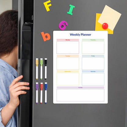 NUOBESTY 1set Magnetic Dry Erase Weekly Meal Planner Board Reusable Fridge Calendar for Easy Organization Includes Cups Towel for Home Office Use