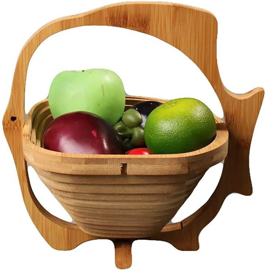 Foldable Bamboo Dried Fruit Basket Apple Shaped Collapsible Bread Nuts Baskets Candy Gifts Fruit Bowl Holder Wooden Snack Box for Kitchen Table