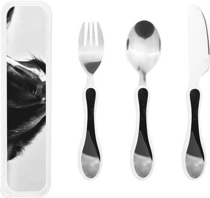 3-Piece Kids Silverware Set With Storage Case, Stainless Steel Reusable Children Safe Knife Spoon Fork Set Blue Eyed Dog Children Flatware Set For Kids Lunch Box