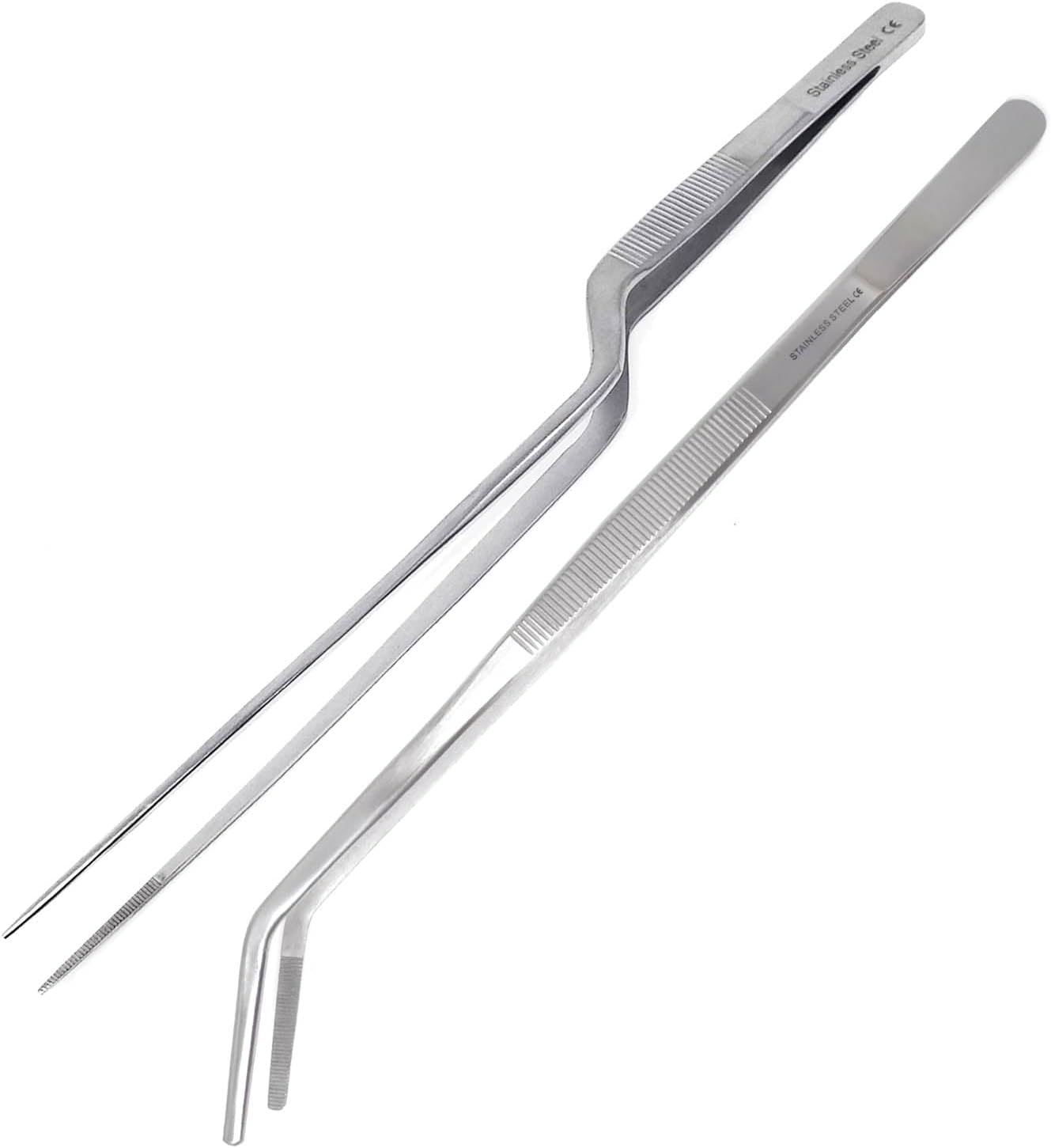 A2Z Fine Cooking Offset Tweezer & Angled Tong Set, Precision Serrated Tips, Stainless Steel Food Tongs, Professional Chef Tweezer Kitchen Tool for Cooking, Plating, Decorating, Serving & BBQ (12-inch)
