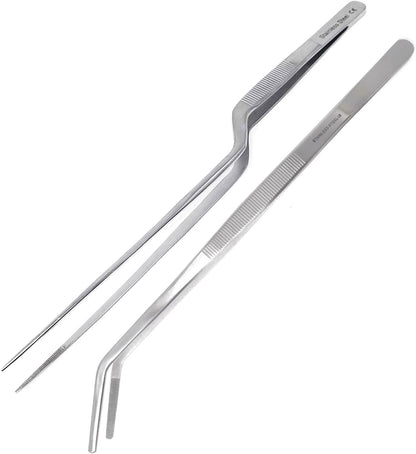 A2Z Fine Cooking Offset Tweezer & Angled Tong Set, Precision Serrated Tips, Stainless Steel Food Tongs, Professional Chef Tweezer Kitchen Tool for Cooking, Plating, Decorating, Serving & BBQ (12-inch)