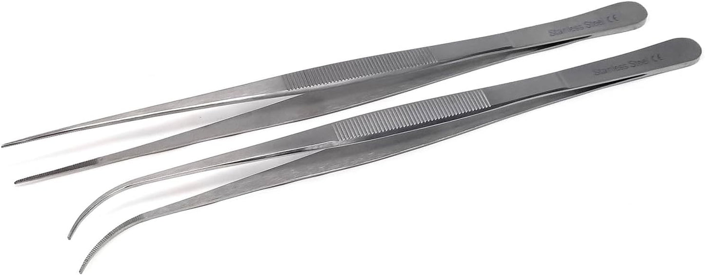 A2Z Cooking Tweezer Straight and Curved Tong Set, Tongs Precision Serrated Tips, Stainless Steel Professional Chef Tweezer Kitchen Tools for BBQ, Plating and Serving (Set of 2-10")